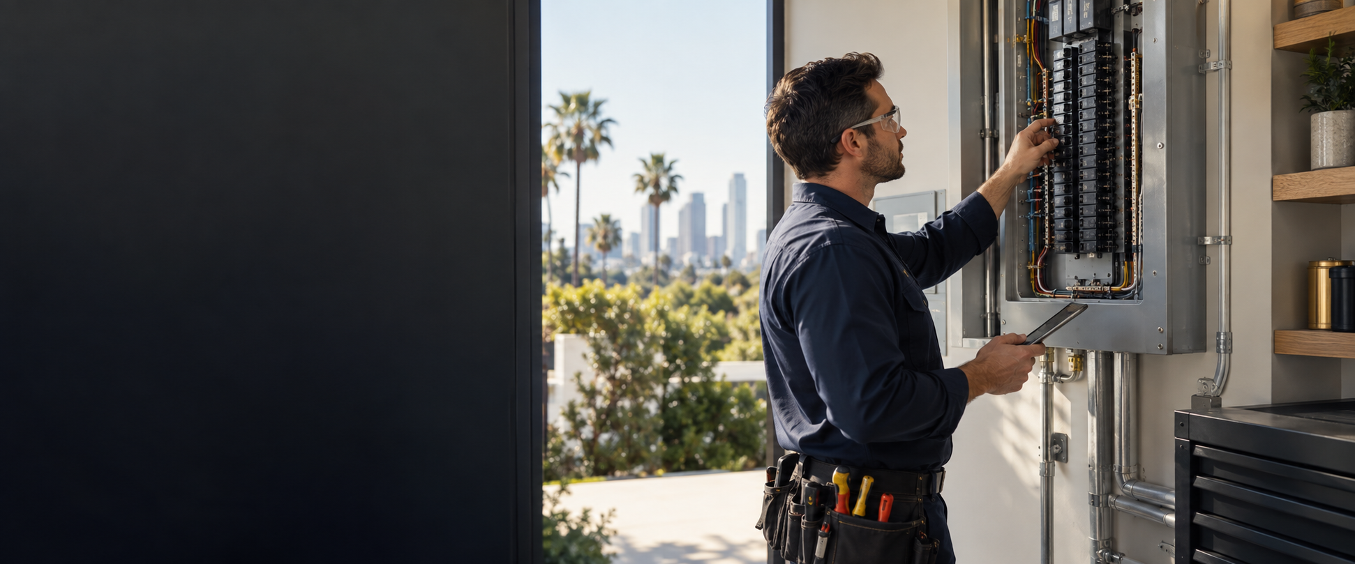 Professional electrician inspecting a modern electrical panel in Los Angeles